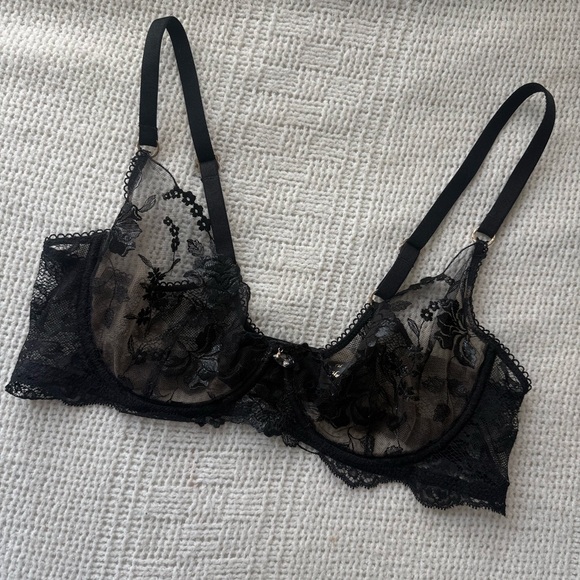 Honey Birdette Black Sheer Floral Lace Underwire Bra